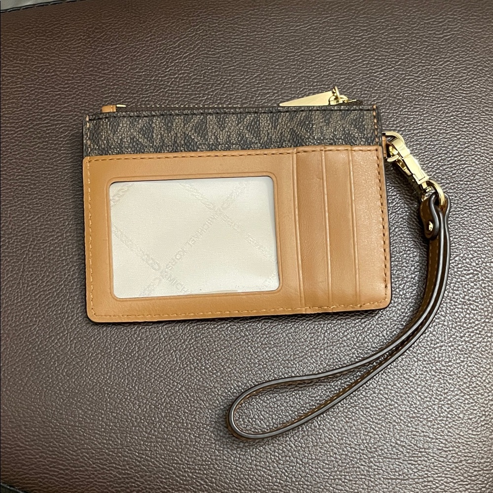 Michael Kors Brown and Tan Wristlet Card Holder with Logo Canvas